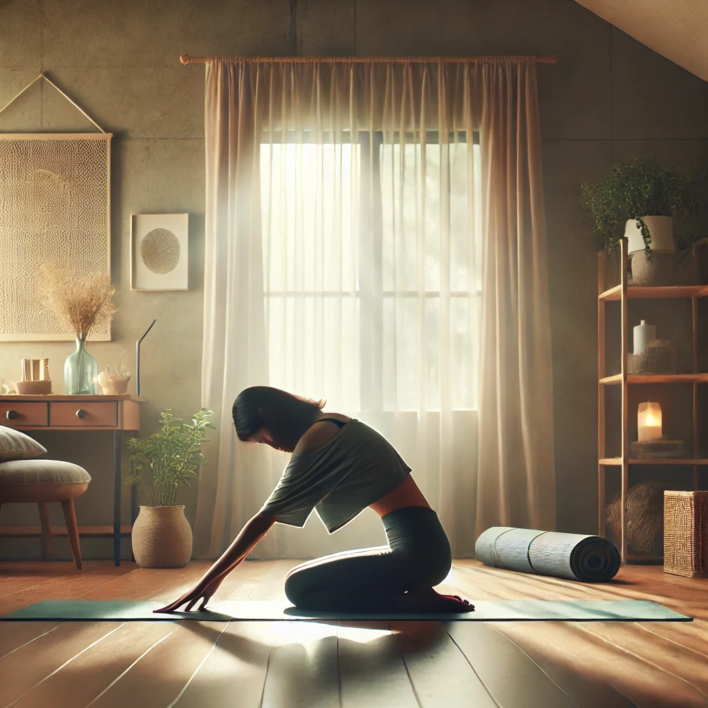 Une femme seule su son tapis chez elle