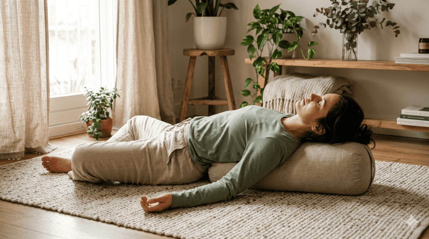 Personne allongée sur un bolster de yoga, épaules relâchées, en posture de repos et d'écoute corporelle
