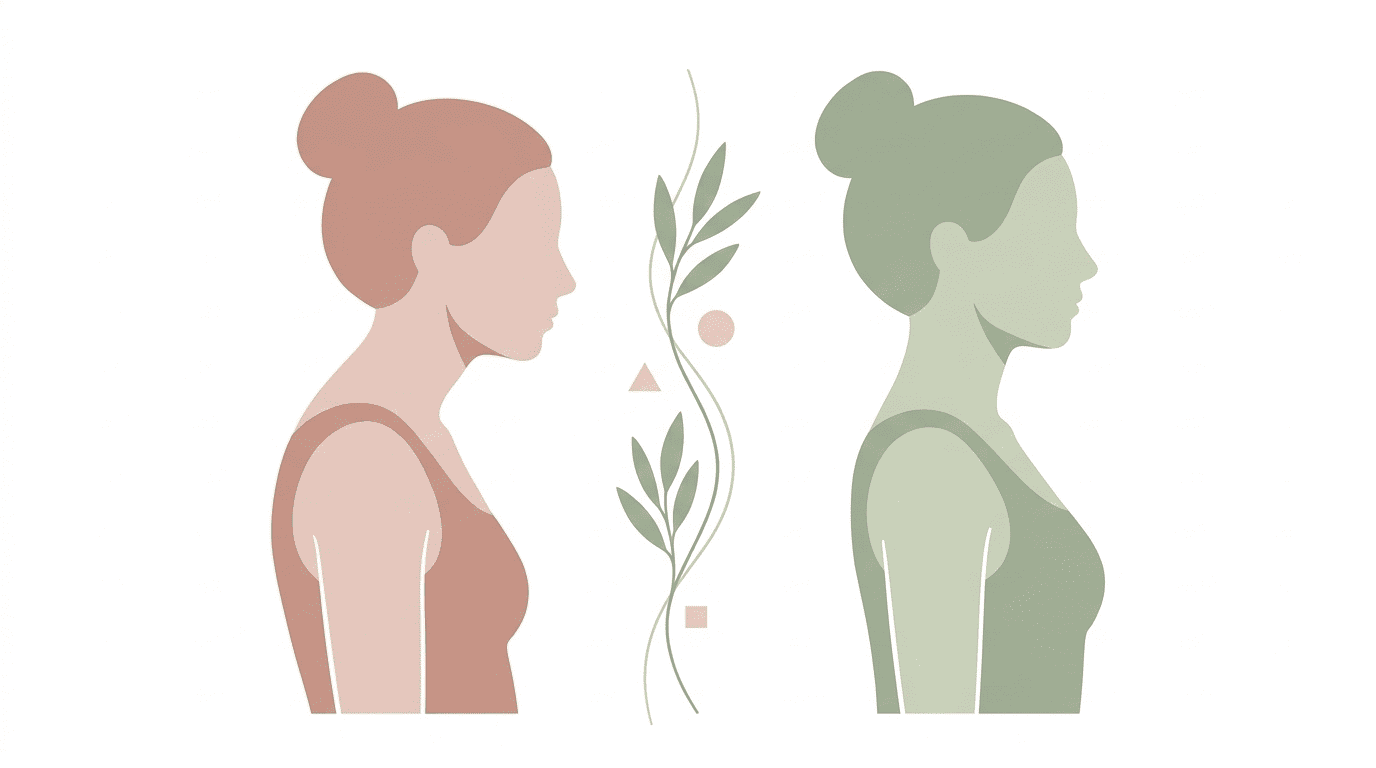 Illustration comparant la posture tête en avant et la posture corrigée par la rétraction cervicale (chin tuck), deux silhouettes de profil