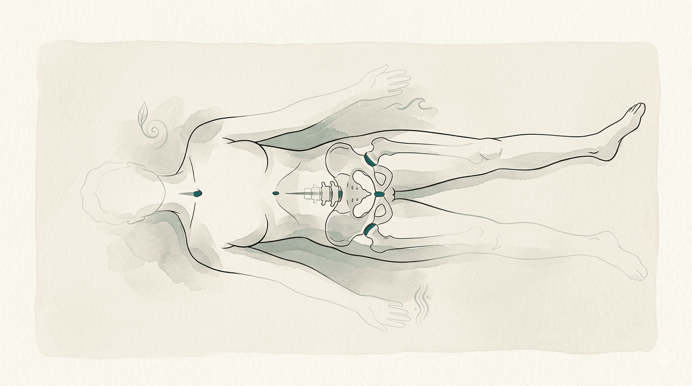 Silhouette humaine allongée vue de dessus, certaines zones du corps en traits nets, d'autres effacées, illustrant l'amnésie sensori-motrice dans le yoga somatique.