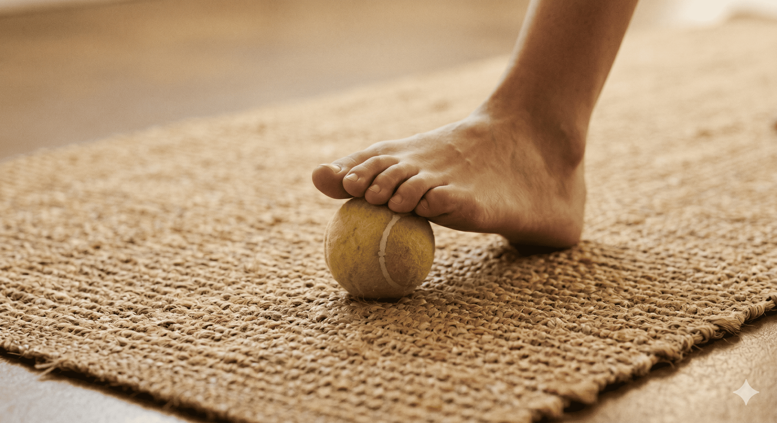 Automassage des pieds avec une balle de tennis sur un tapis de yoga