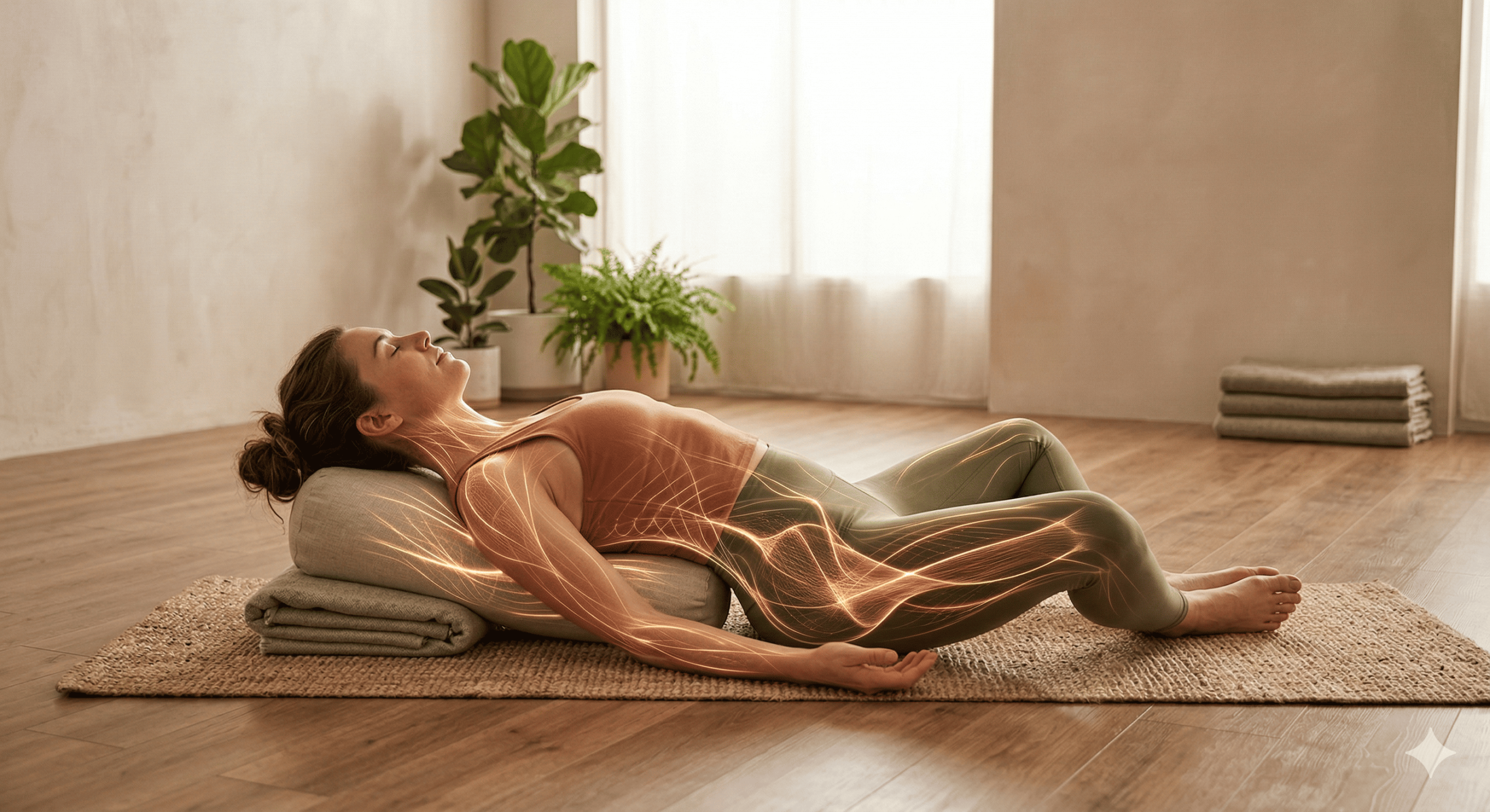 femme en badasana, ressentant les fascias.