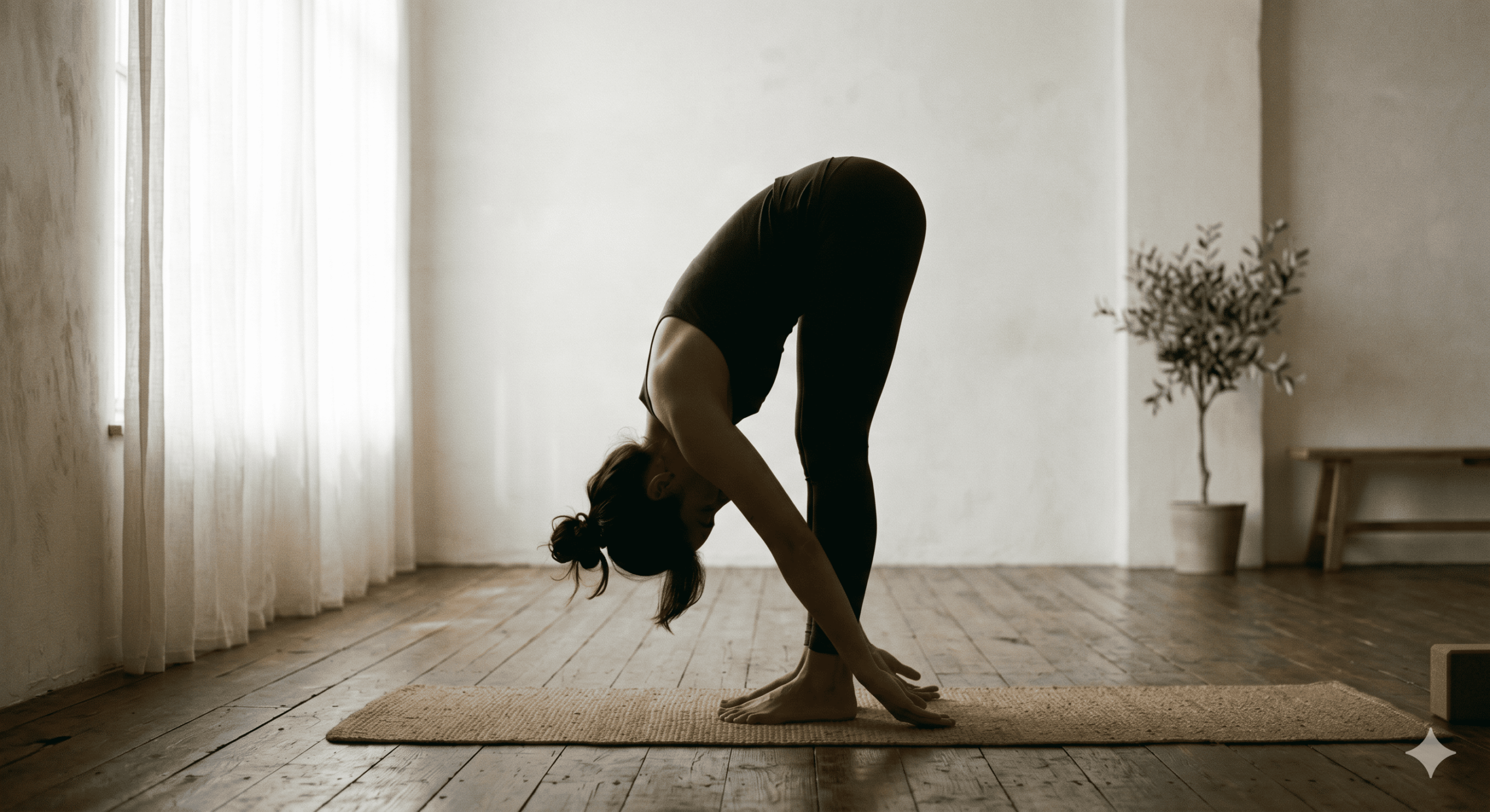 posture de yoga en flexion debout illustrant l'alignement osseux et l'effort minimal dans un asana