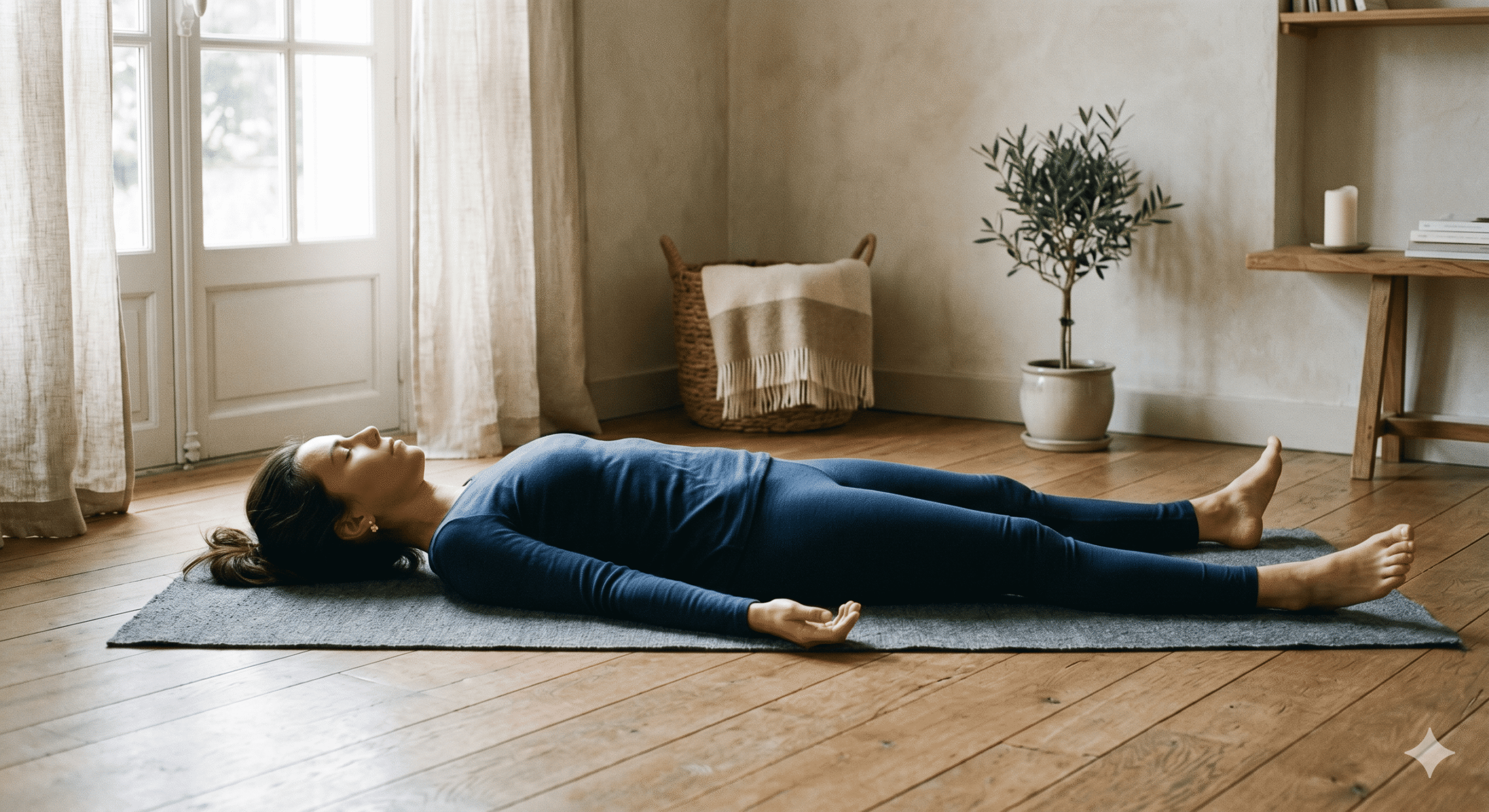 personne allongée en Shavasana sur tapis de yoga, posture de relaxation finale en yoga intuitif