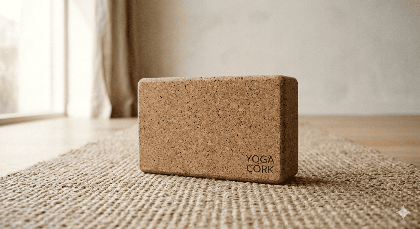 Bloc de yoga en liège posé sur un tapis naturel, lumière naturelle douce