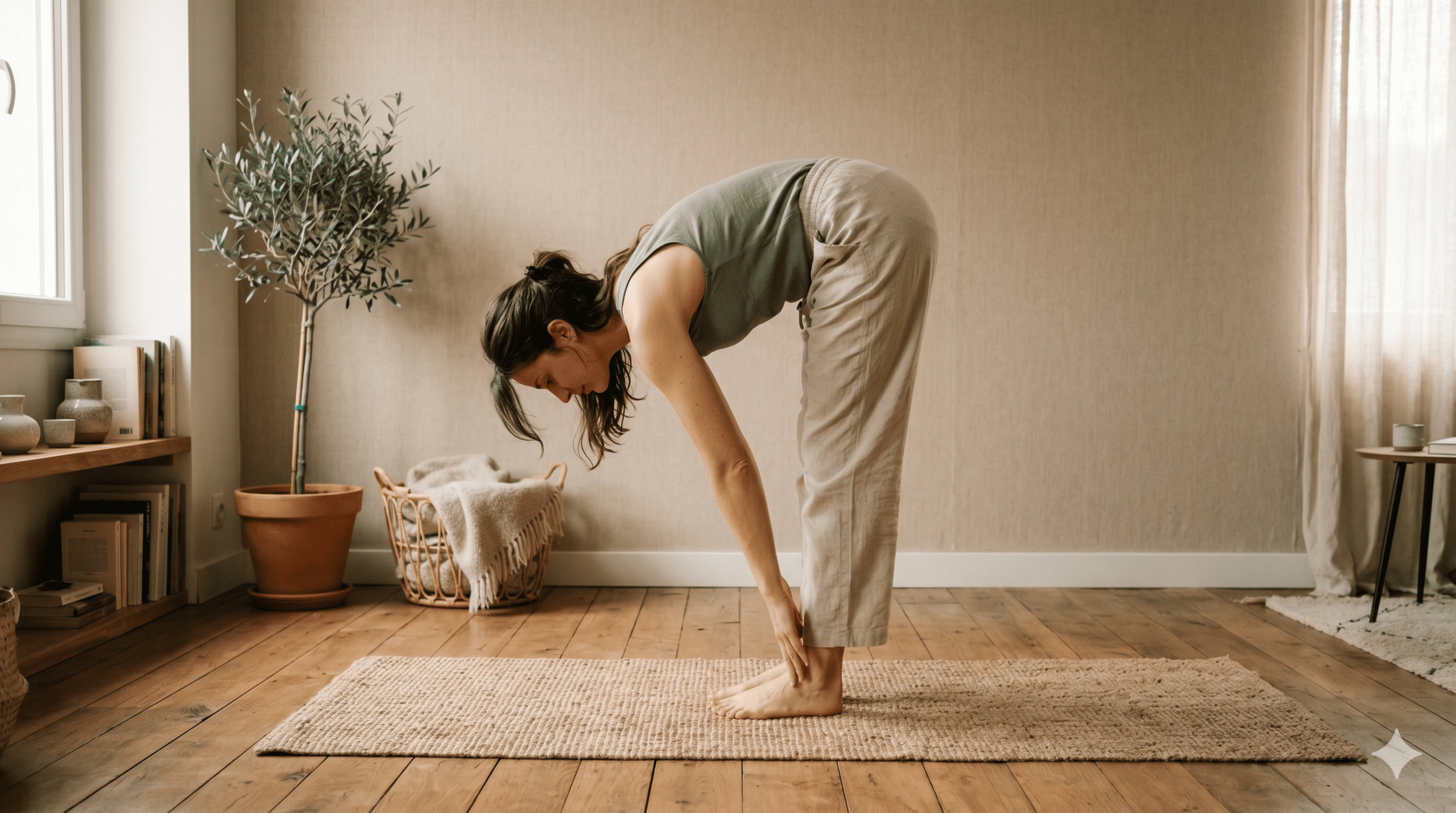 Femme en flexion avant sur tapis de yoga explorant les chaînes myofasciales de la plante des pieds au dos