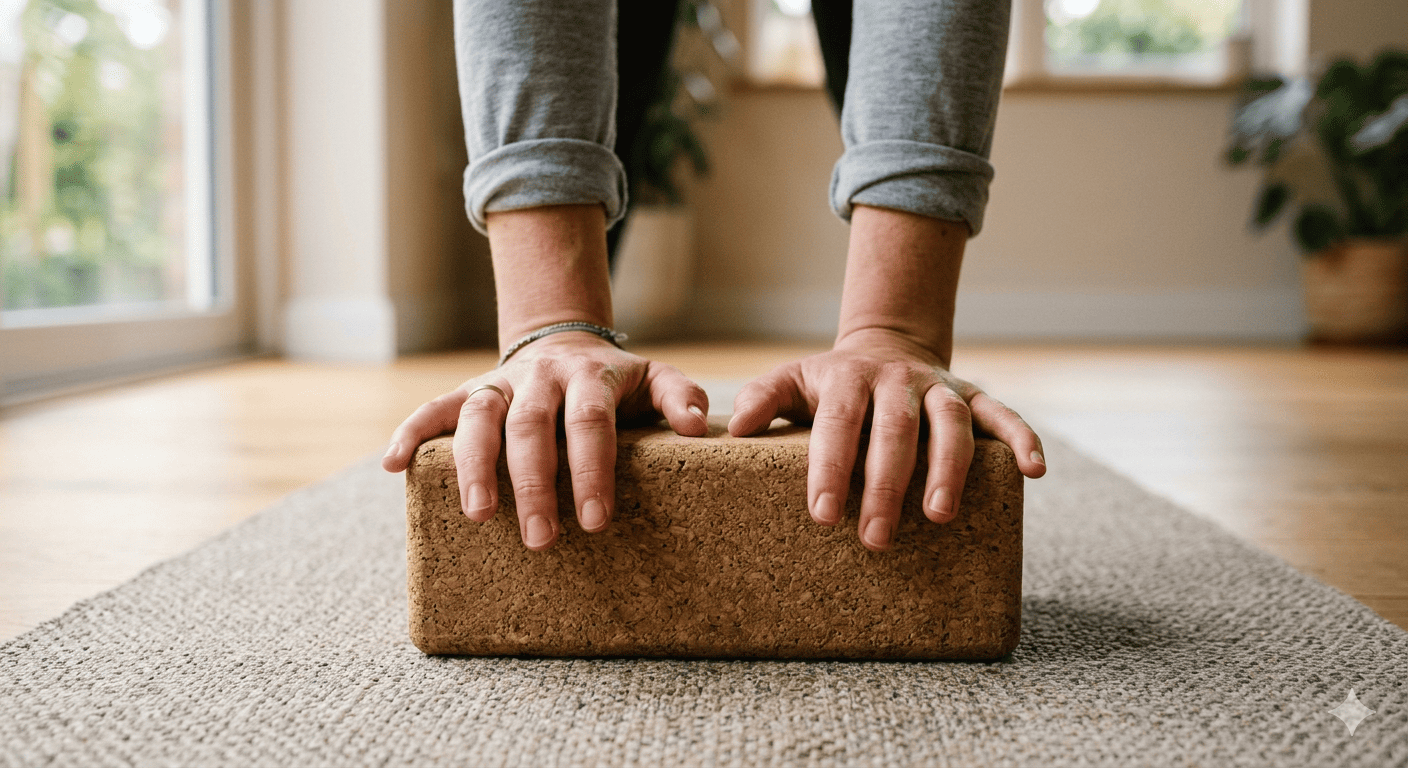 Deux mains posées sur un bloc de yoga en liège, tapis naturel, lumière douce
