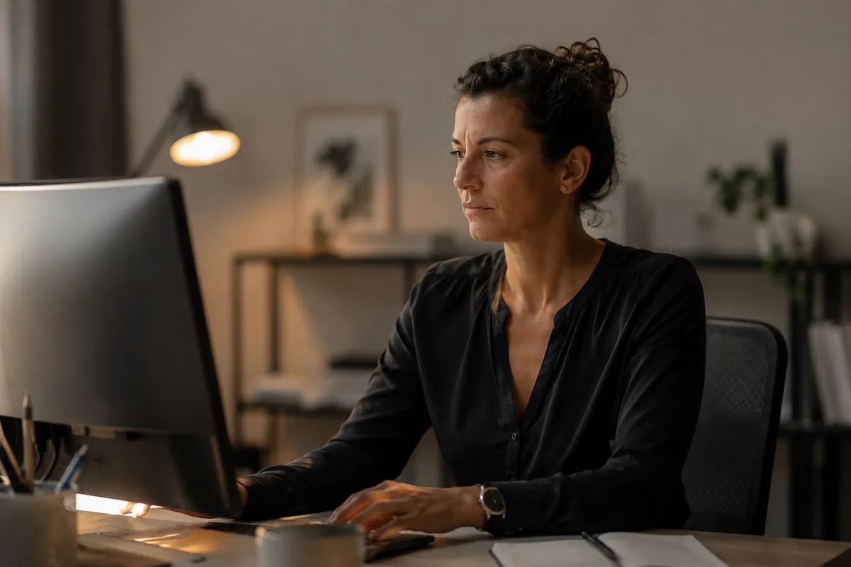 Personne au bureau devant un écran, respiration courte, épaules tendues, lumière de fin de journée