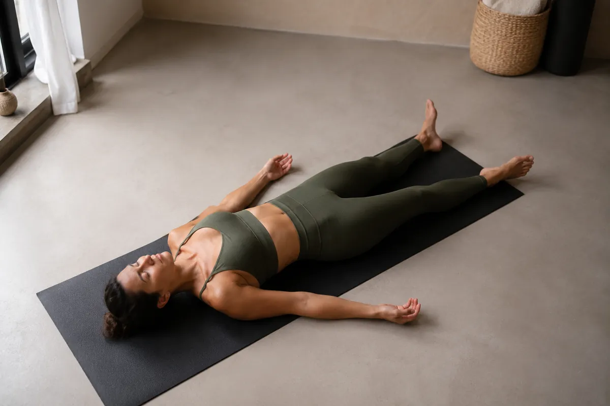Femme allongée au sol en posture de yoga au repos, attention tournée vers ses sensations internes, lumière douce
