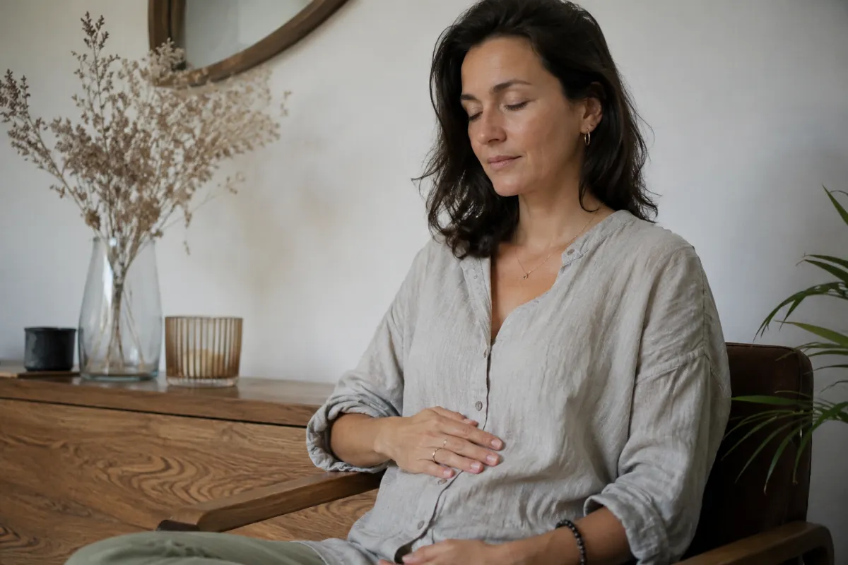 femme assise avec main sur le ventre, dgeste de prise de conscience corporelle