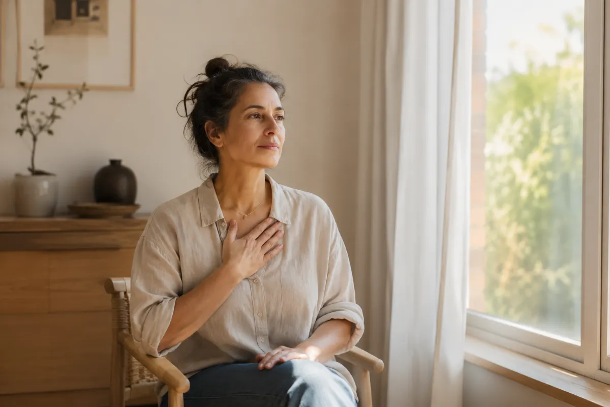 Femme assise au calme, une main sur la poitrine, faisant le test d'intéroception en comptant ses battements de cœur