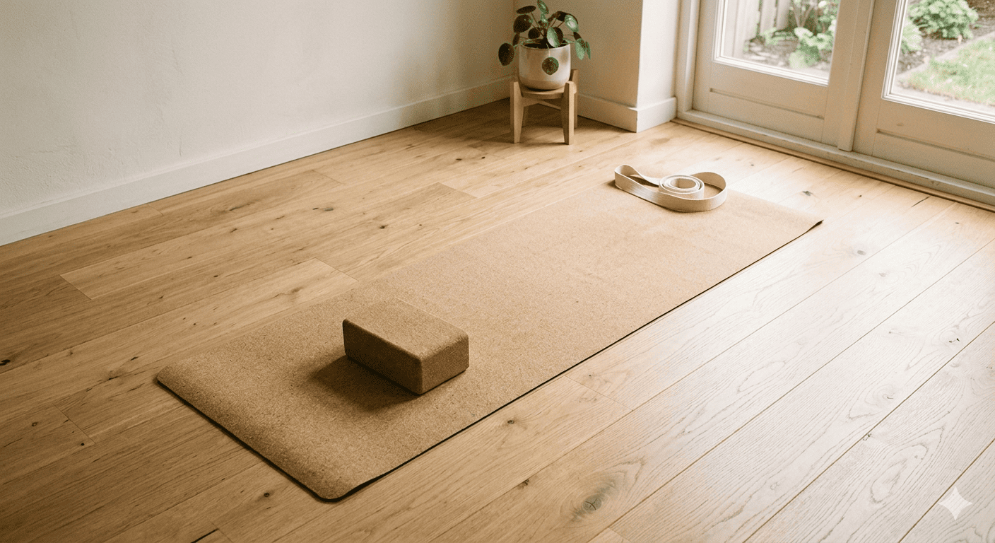 Tapis de yoga naturel avec un bloc en liège, lumière naturelle douce, cadrage aérien