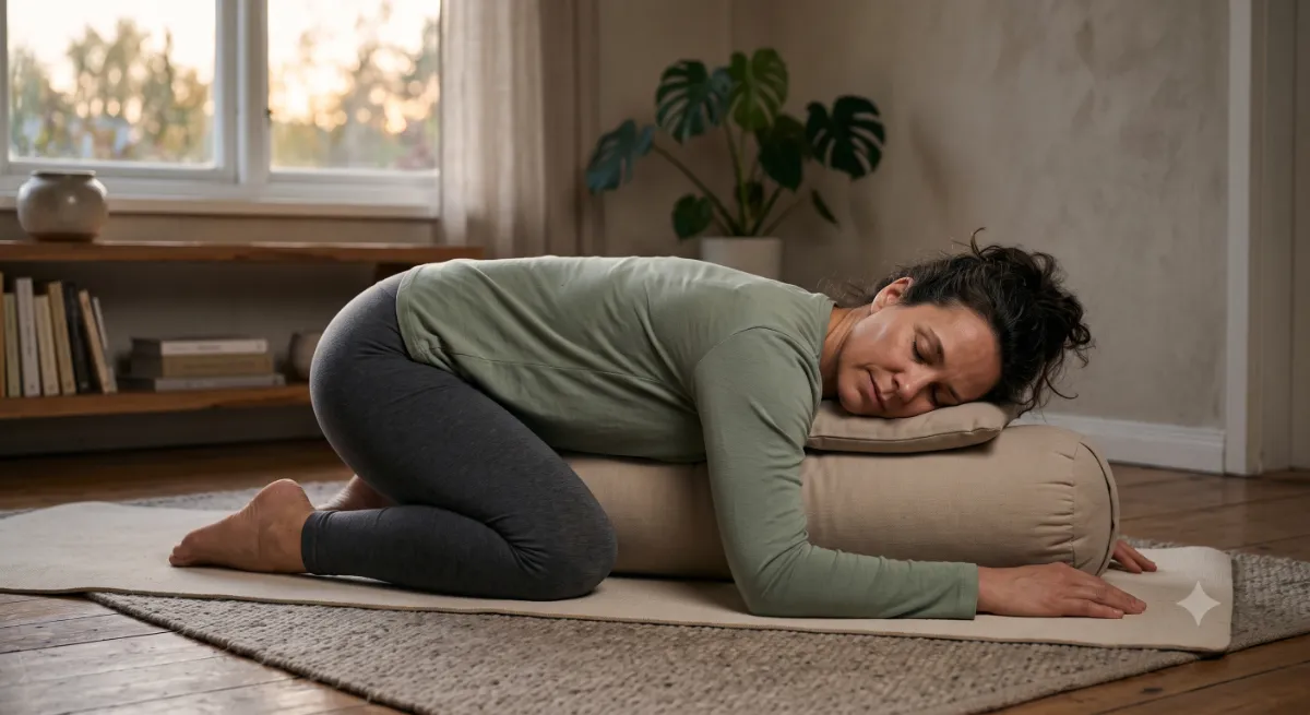 Femme en posture de yin yoga tenue longtemps au sol, respiration lente