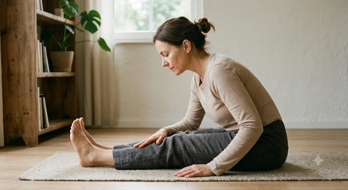 Femme en posture de yoga au sol observant une sensation d'étirement dans sa jambe