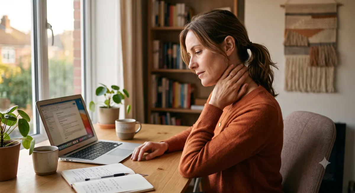 Femme à son bureau remarquant la tension de ses épaules, signal corporel précoce