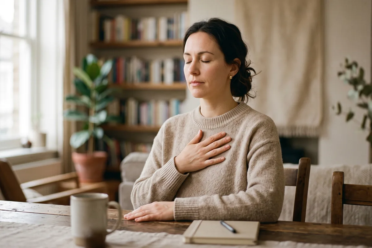 Femme assise à une table, main posée sur le sternum, yeux fermés, attention tournée vers une sensation intérieure