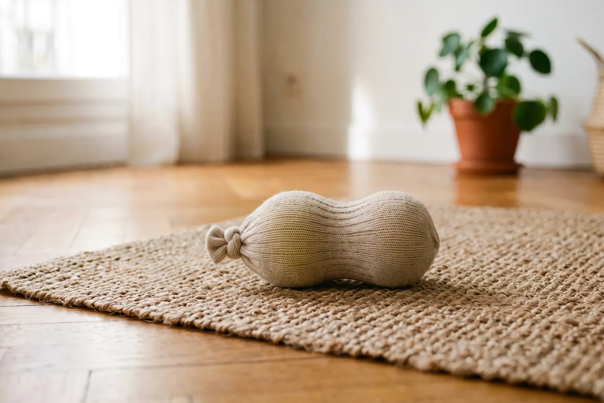 Deux balles de tennis glissées dans une chaussette, posées sur un tapis en fibres naturelles